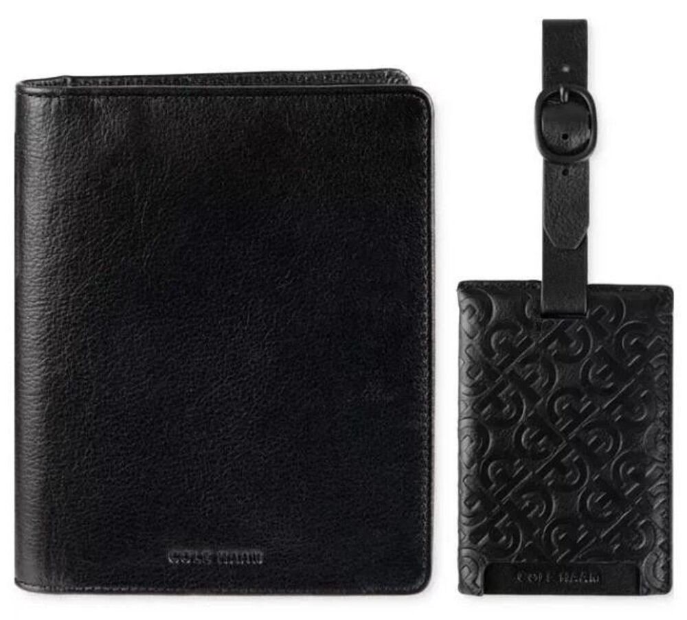 COLE HAAN Passport Wallet Set Black Leather Travel Luggage Tag Gift Box $98